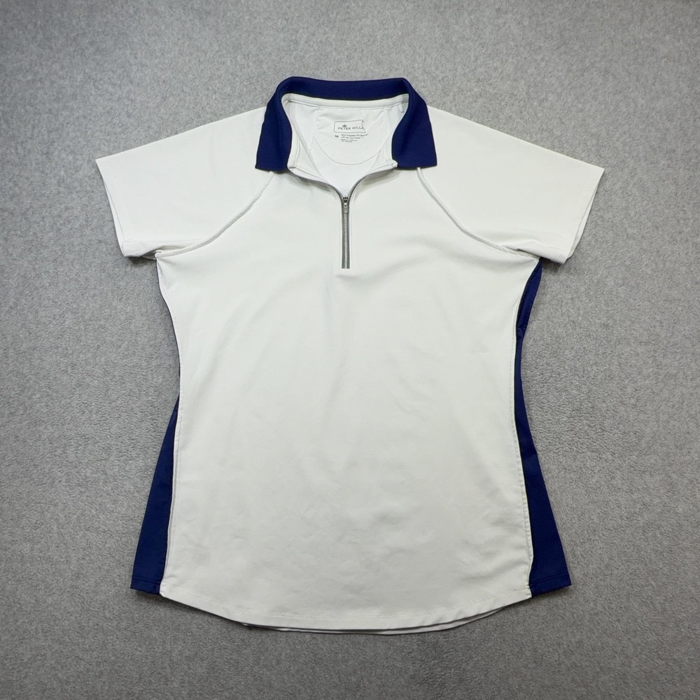 Peter Millar Kathy Sport Raglan Polo Shirt Women Medium White Blue Golf 1/4 Zip